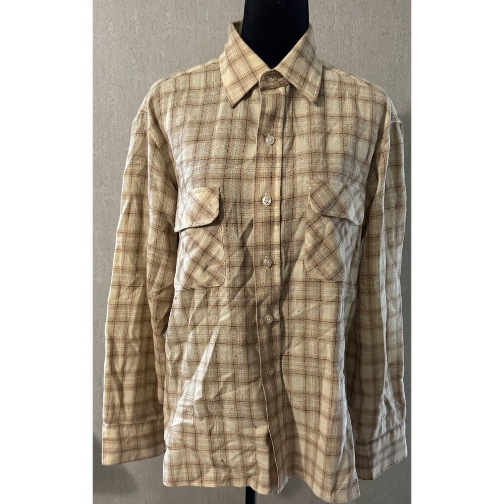 Vtg 70s Arrow Plaid Wool Shacket Button Down Heavy Flannel Shirt Tan Beige L
